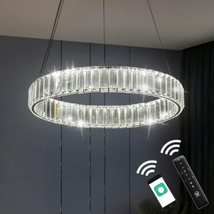 Chrome circular chandelier with K9 crystal ring and LED lighting