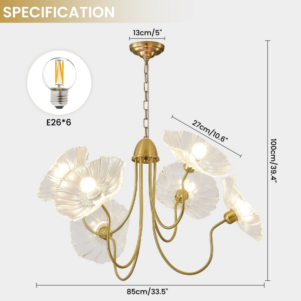 Clear floral chandelier dimensions with six E26 light sources