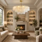 Cloud glass chandelier in a bright living room with fireplace