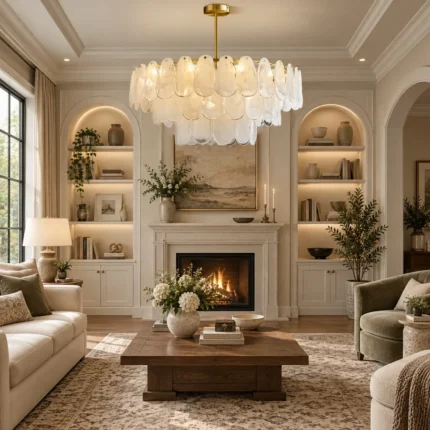 Cloud glass chandelier in a bright living room with fireplace