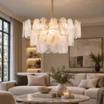 Coastal chandelier with cloud glass in a modern living room