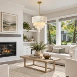 Coastal chandelier with white shell details in a bright living room