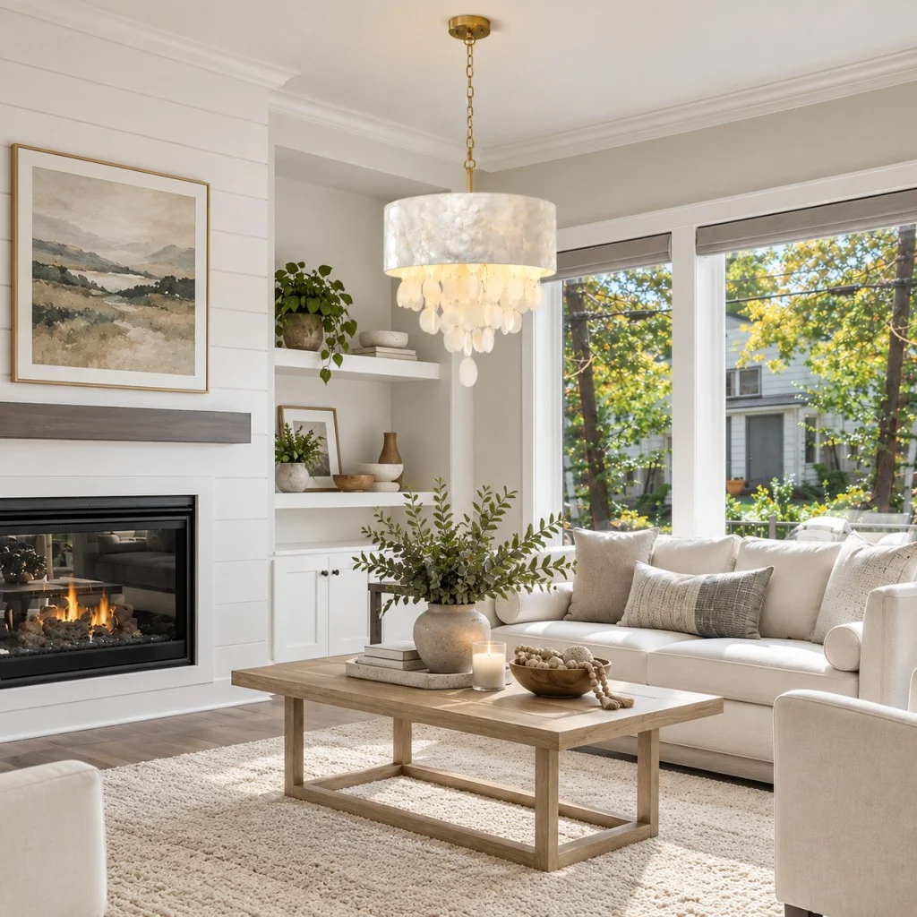 Coastal chandelier with white shell details in a bright living room