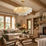 Coastal glass chandelier in a warm farmhouse living room