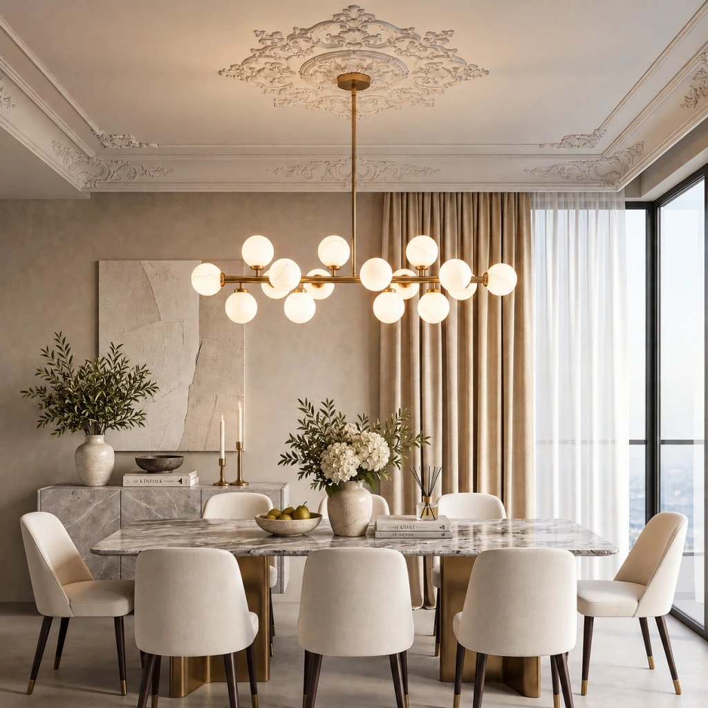 contemporary-gold-chandelier-16-glass-globes-01 Contemporary gold chandelier with 16 alabaster-like glass globes in a dining room
