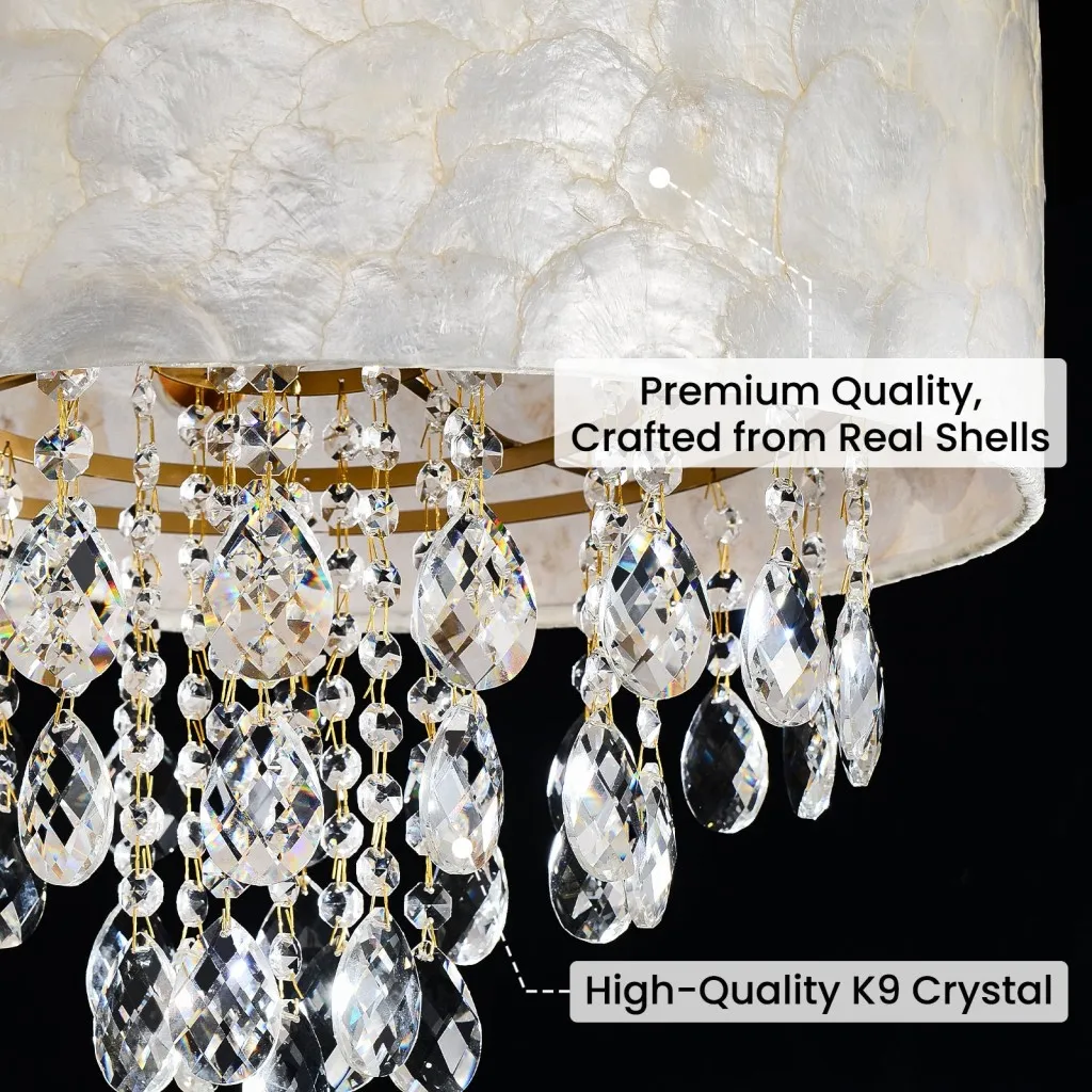 Crystal drum chandelier detail showing real shell shade and K9 crystal drops