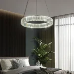 Chrome crystal ring chandelier installed in a modern bedroom