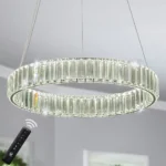 Dimmable LED crystal chandelier shown with remote control