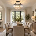 Dining room crystal chandelier with black frame above a rectangular dining table