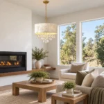 Drum light chandelier with shell shade and crystal drops in a modern living room