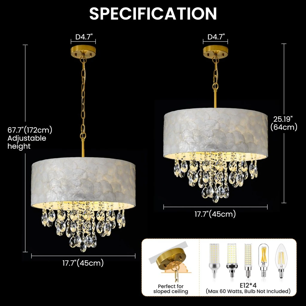 Drum shade chandelier dimensions with 17.7 inch width and adjustable hanging height