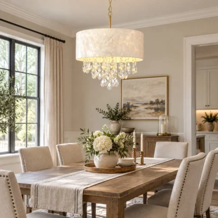 Drum shade chandelier with Capiz shell shade and crystal drops above a dining table