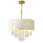 Drum shade chandelier with white Capiz shell shade and hanging crystal drops