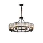 Farmhouse dining chandelier with black metal frame, clear crystals and adjustable chain mount