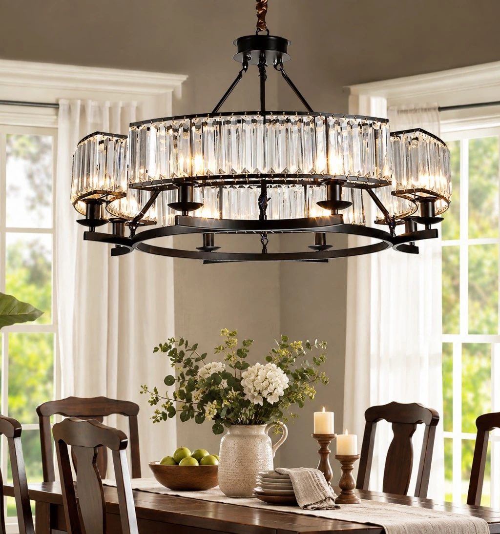 Farmhouse dining chandelier with clear crystal prisms illuminating a traditional wood dining table