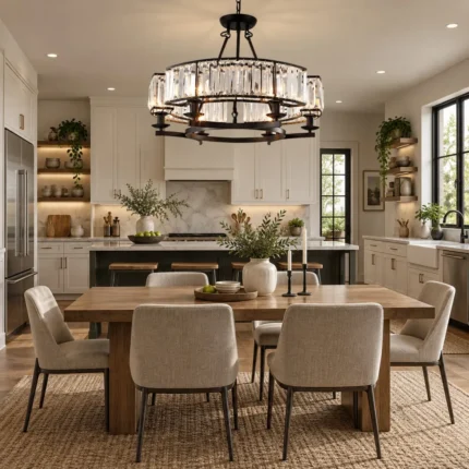 Farmhouse dining chandelier with black metal frame and clear crystal accents above a wood dining table