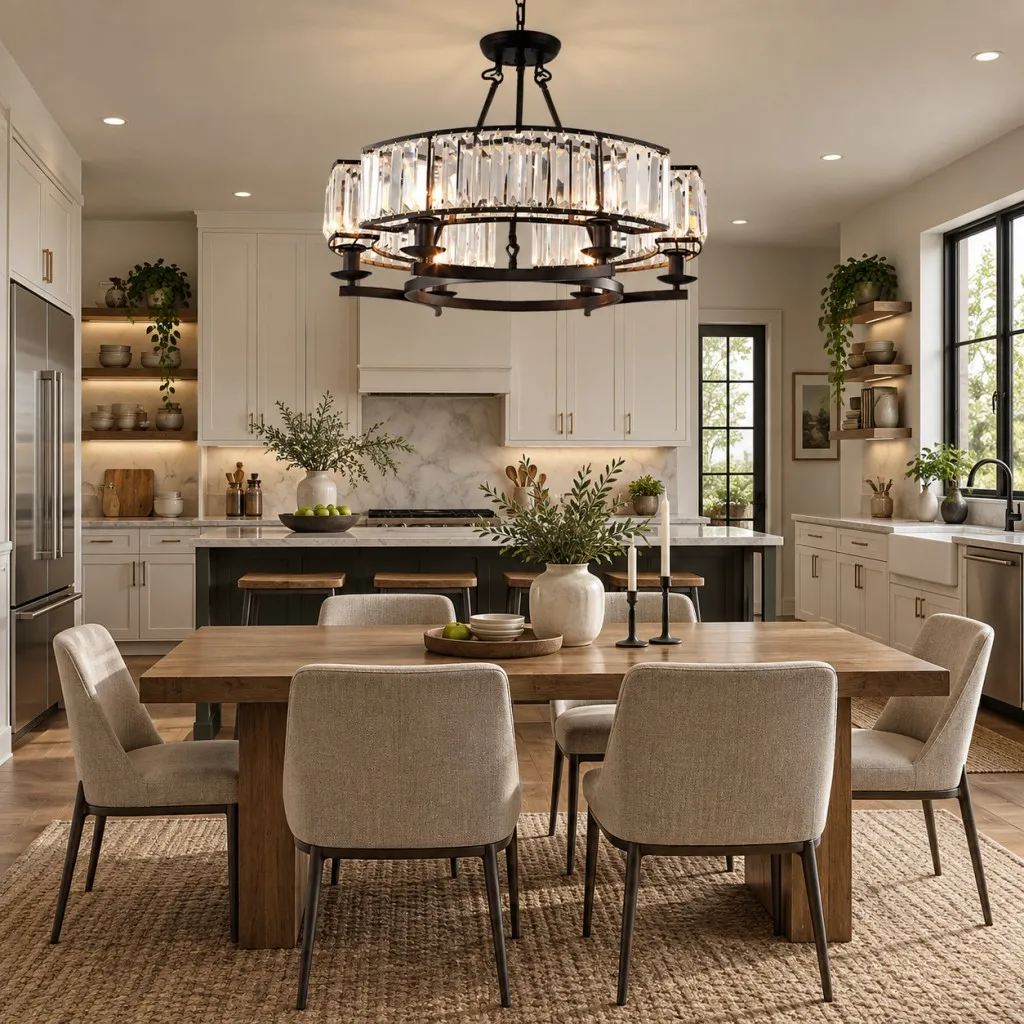 farmhouse-dining-chandelier-kitchen-dining-room-1 Farmhouse dining chandelier with black metal frame and clear crystal accents above a wood dining table