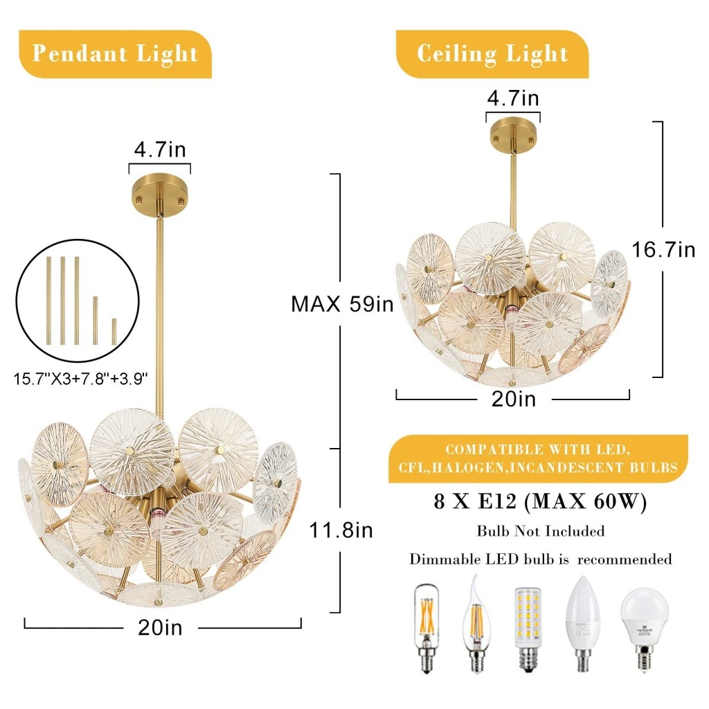 Glass disc chandelier adjustable hanging height and 8 E12 bulb configuration