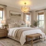 Glass disc chandelier with textured glass accents in a neutral bedroom