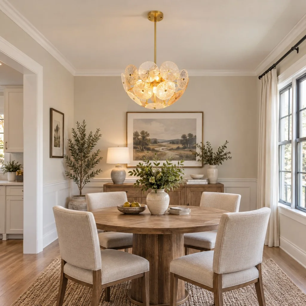 Glass disc chandelier with gold-tone frame above a round dining table