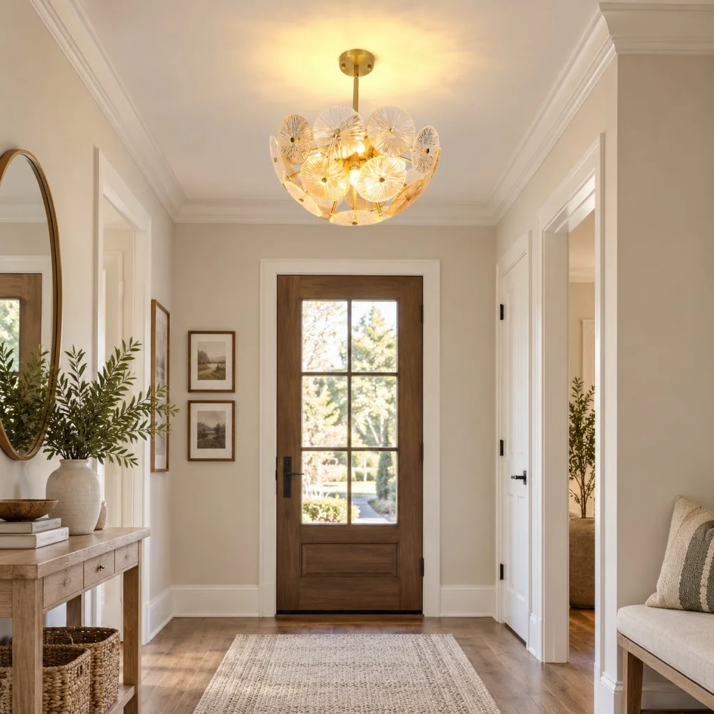 Glass disc chandelier with textured glass discs installed in a bright entryway