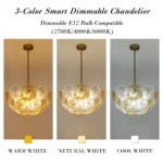 Glass disc chandelier shown with warm, neutral, and cool white E12 bulb options