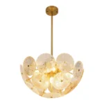 Glass disc chandelier with textured clear and amber glass discs and gold-tone frame
