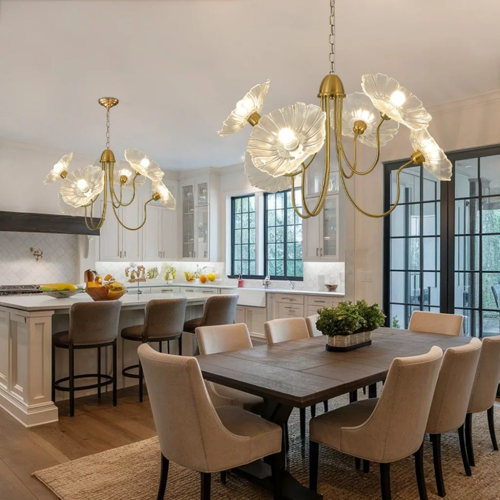 Glass floral chandelier with clear flower shades in a kitchen dining room