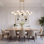 Gold globe chandelier with white glass shades above a modern dining table