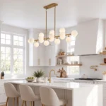 Gold globe chandelier with hand-painted glass shades over a kitchen island