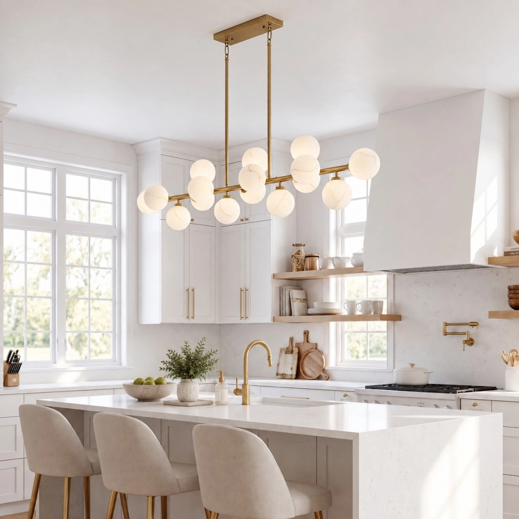 Gold globe chandelier with hand-painted glass shades over a kitchen island