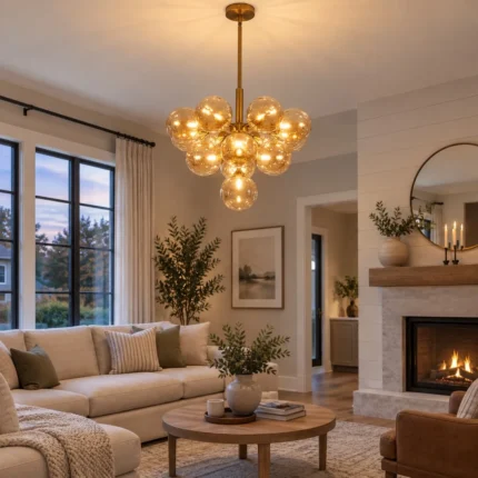 Gold bubble chandelier with amber glass globes in a living room