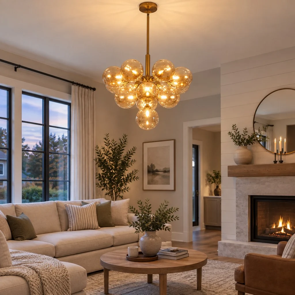 gold-bubble-chandelier-living-room-04 Gold bubble chandelier with amber glass globes in a living room