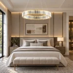 Gold crystal chandelier with LED ring installed in a modern bedroom