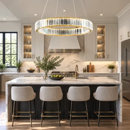 Gold crystal chandelier with circular LED ring above a kitchen island
