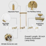 Gold globe chandelier with adjustable pipes, 4.7 inch glass shades and G9 bulb sockets