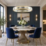 Gold ring chandelier with K9 crystals above a round dining table