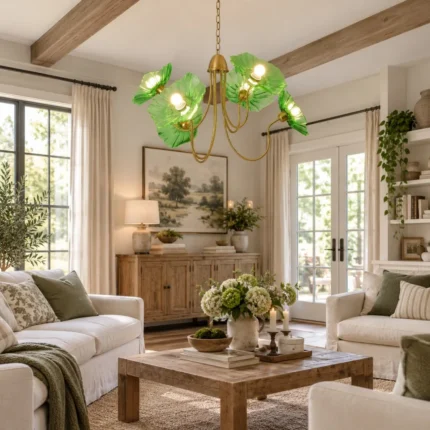 Green flower chandelier with gold frame in a living room