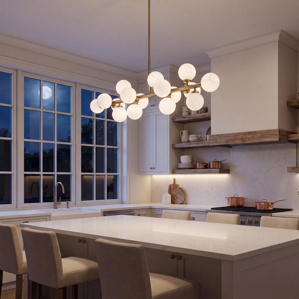 Kitchen island linear chandelier with brushed gold frame and white marble-look glass globes