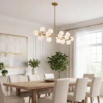 Linear dining room chandelier with 16 alabaster-look glass globes in a bright modern dining space