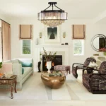 Living room crystal chandelier with black frame above a modern seating area