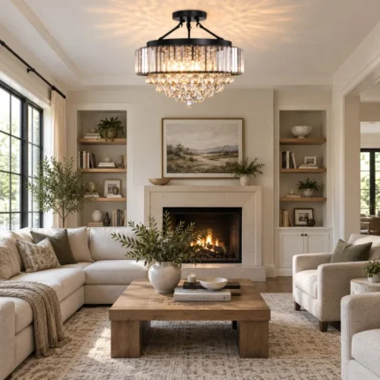 Living room crystal chandelier with black frame above a neutral seating area