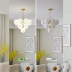 Milk glass globe chandelier shown with lights on and off