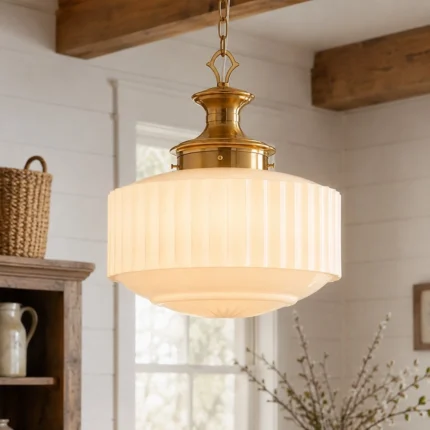 Milk glass pendant light with ribbed white glass shade and gold metal frame