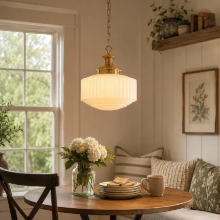 Milk glass pendant light with white glass shade and gold frame above a dining table