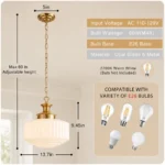Milk glass pendant light dimensions with 13.7 inch width and adjustable hanging height