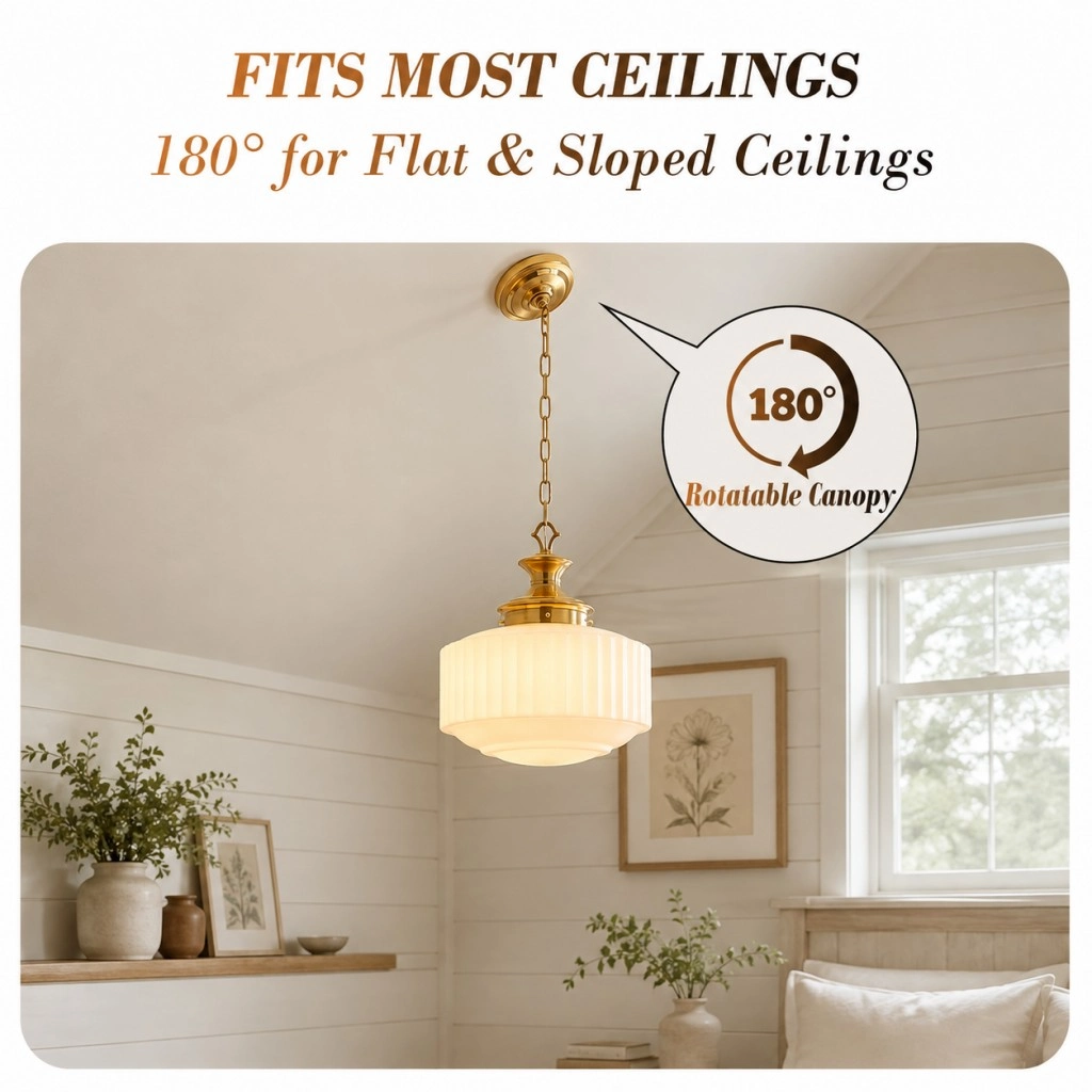 Milk glass pendant light with rotatable canopy for flat and sloped ceilings