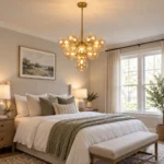 Modern bubble chandelier with amber glass globes in a bedroom
