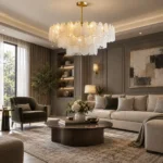 Modern coastal chandelier with cloud glass in a contemporary living room