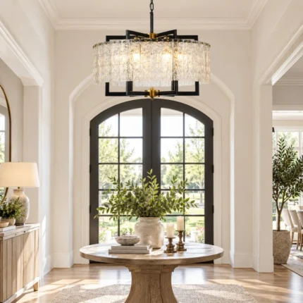 Modern farmhouse chandelier with water ripple glass in a bright entryway